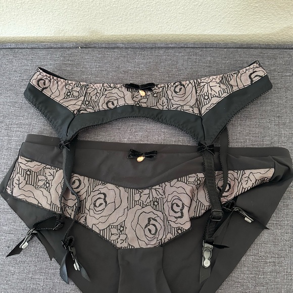 Freya Other - FREYA Deco Darling Black Lace Floral Garter Belt and Panty Set with bows & gem